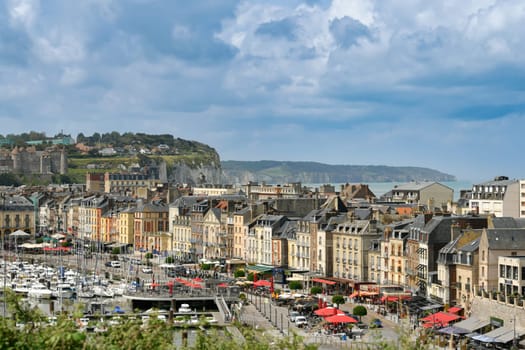 DIEPPE, FRANCE - JUIN 19, 2023: Top view from above to the city of Dieppe and alabaster coast