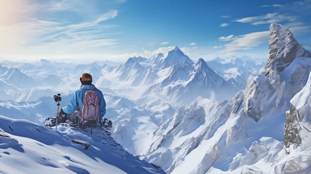 A hiker gazing at vast snow-covered mountains.