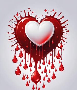 Heart with blood splashes on a gray background. Heart health concept.Heart and drops of blood.Heart and blood splatter on  background.