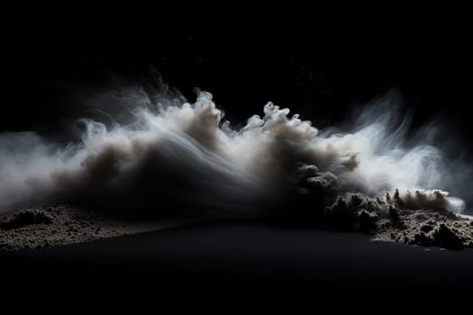 Thick fog, smoke spreads across the black surface in the dark. Abstract background.