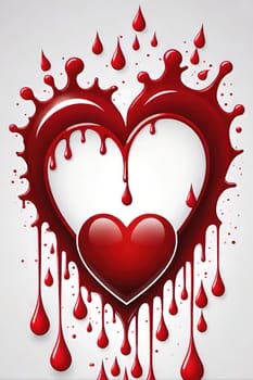 Heart with blood splashes on a gray background. Heart health concept.Heart and drops of blood.Heart and blood splatter on  background.