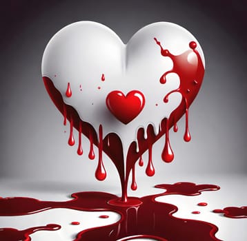 Heart with blood splashes on a gray background. Heart health concept.Heart and drops of blood.Heart and blood splatter on  background.