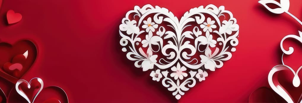 St. Valentines day, wedding banner with red ornamental heart on red background. Use for love sale banner, voucher, greeting card. Copy space. Beautiful love background for valentines day greeting card