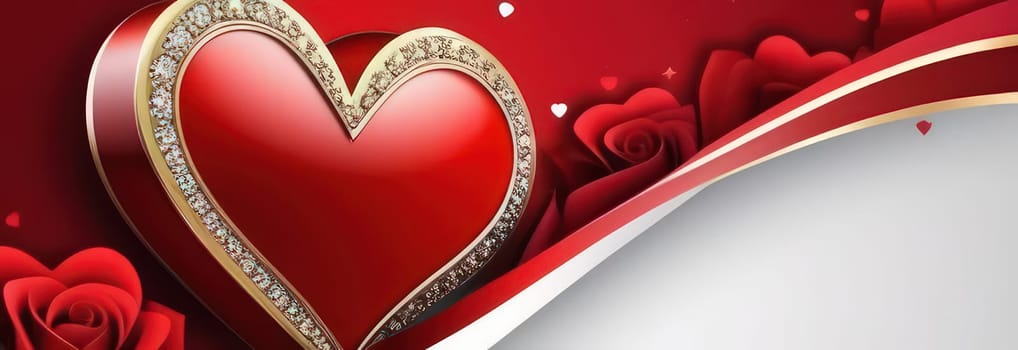 St. Valentines day, wedding banner with red ornamental heart on red background. Use for love sale banner, voucher, greeting card. Copy space. Beautiful love background for valentines day greeting card