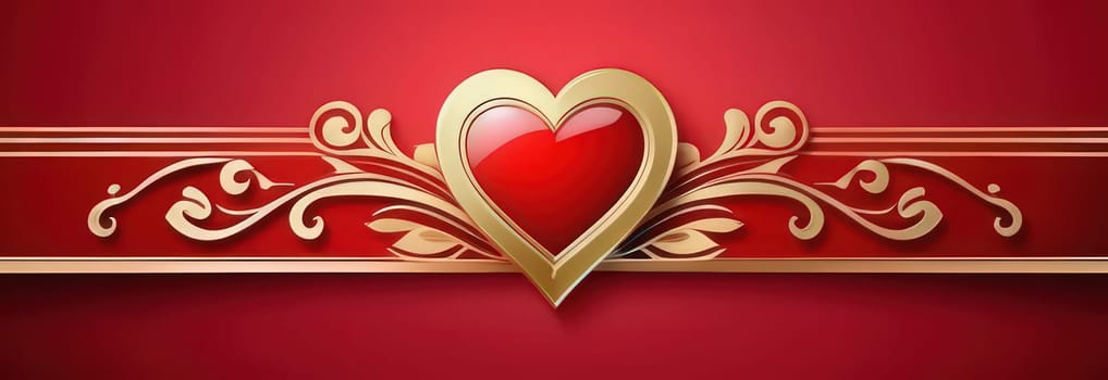 St. Valentines day, wedding banner with red ornamental heart on red background. Use for love sale banner, voucher, greeting card. Copy space. Beautiful love background for valentines day greeting card