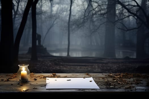 Blank sheet of paper on a wooden surface with a candle and a view of a foggy mystical forest.