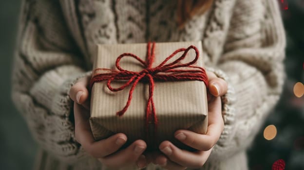 girl holding a box with a gift in her hands. selective focus. present Generative AI,