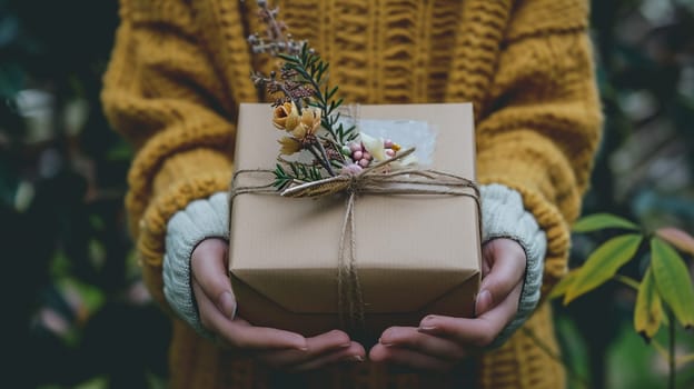 girl holding a box with a gift in her hands. selective focus. present Generative AI,