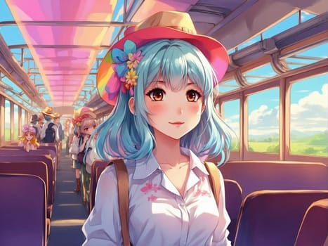 A woman with vibrant blue hair and a stylish hat sits in a train car.