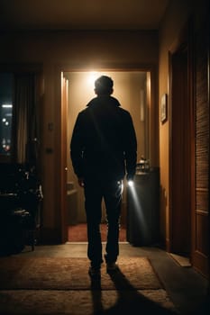 A solitary man stands in a dimly lit hallway, casting a long shadow as he pauses in contemplation.