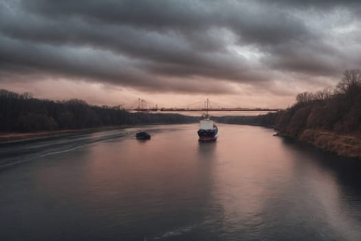 A solitary boat makes its way along a serene river against the backdrop of a cloudy sky.