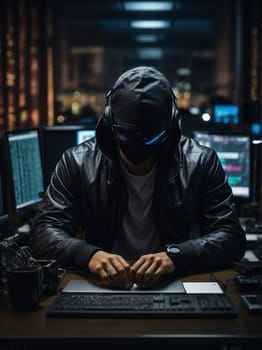 A man wearing a mask is seen sitting at a desk, focused on his work in an office setting.