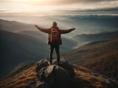 A person stands triumphantly on top of a breathtaking mountain, arms stretched wide.