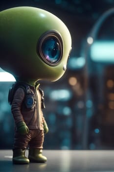 A little green alien with big eyes confidently stands on a table.