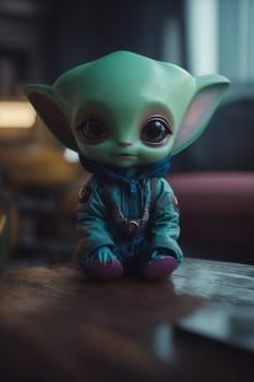 A cute baby Yoda doll sits peacefully on a table, depicting the beloved character from the Star Wars franchise.