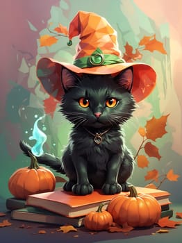 A black cat sits atop a book while wearing a witchs hat, creating a magical Halloween scene.