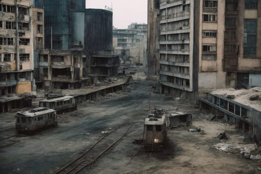 A train passes through a grimy urban landscape, surrounded by towering skyscrapers.
