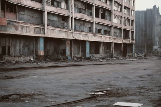 A rundown building stands neglected in the heart of a bustling city, a testament to a forgotten era.