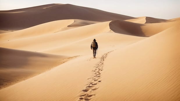 A lone traveler crosses a vast desert, their footprints marking their solitary journey.