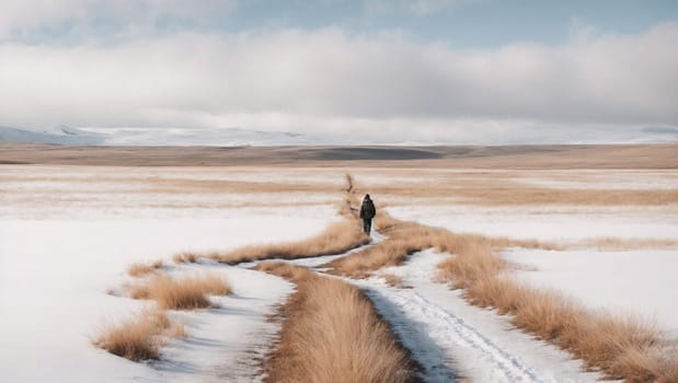 A lone individual walking down a road covered in a layer of snow.