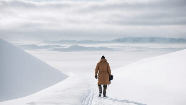 A person stands on a snow covered hill, surrounded by a beautiful winter landscape.