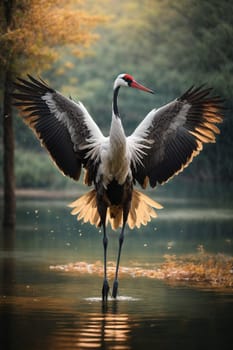 A magnificent, large bird stands gracefully on top of a serene body of water.