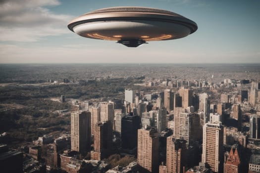 A surreal image of a flying saucer positioned in the sky directly above a bustling metropolis with towering buildings.
