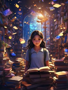 A young girl confidently stands in front of a towering pile of books, symbolizing her love for learning and the pursuit of knowledge.