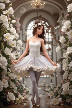 A woman wearing a white dress stands gracefully amidst a vibrant display of flowers.