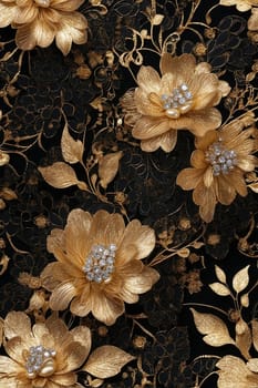 A mesmerizing close up view of a black and gold wallpaper adorned with beautiful flowers in an intricate pattern.
