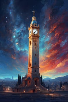 A stunning painting capturing a clock tower set against a beautiful sky backdrop.