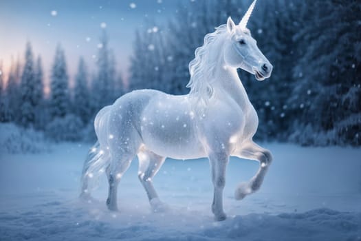 This stunning photo captures the enchantment of a majestic white unicorn standing gracefully in a snowy landscape.
