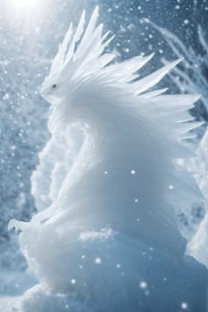 A white bird with feathers on its back stands gracefully in the snow.