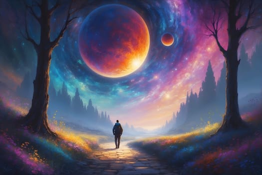 A mesmerizing painting depicts a man walking down a path towards a distant planet.