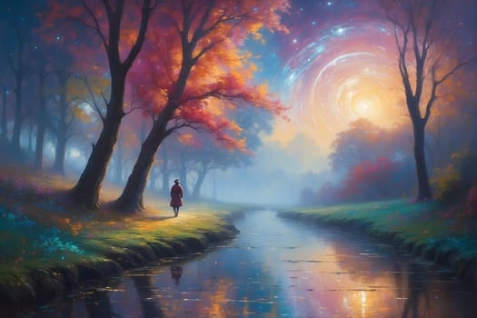 A captivating painting showcasing a lone figure strolling peacefully along the meandering path of a tranquil river.