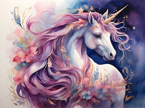 This enchanting painting features a unicorn adorned with vibrant flowers, creating a captivating and whimsical masterpiece.