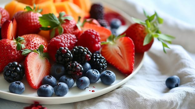 Plate with berries on the table. selective focus. Food Generative Ai,