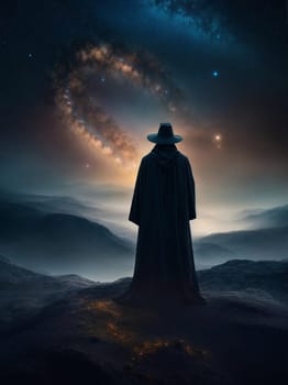 A man stands on top of a hill, gazing at the breathtaking star-filled sky.
