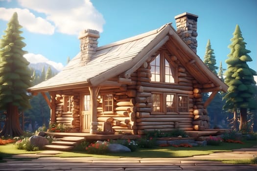 A charming small log cabin featuring a porch and stairs nestled in a tranquil environment.