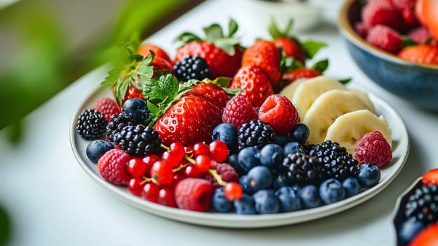 Plate with berries on the table. selective focus. Food Generative Ai,