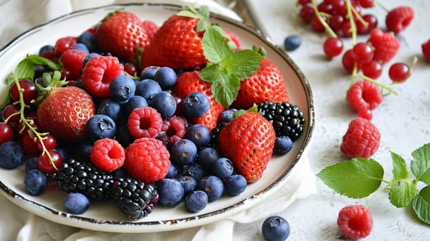 Plate with berries on the table. selective focus. Food Generative Ai,