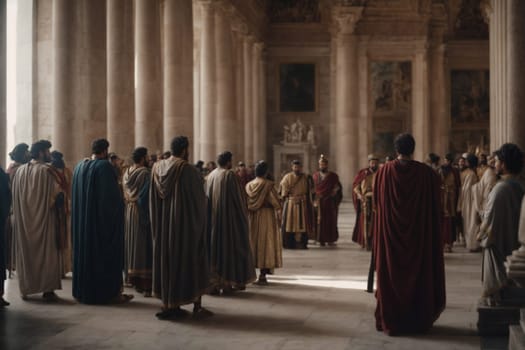 A diverse group of people standing together in a well-lit room with prominent columns.