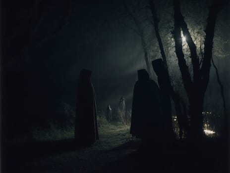 A group of individuals stands among tall trees in a dark forest.