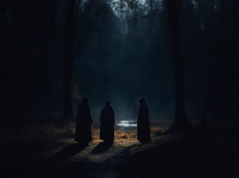 A photograph of three individuals standing together amidst the darkness of a forest during nighttime.