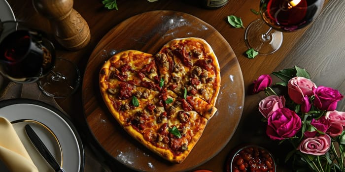 Heart shaped pizza for Valentines day on dark rustic wooden background pragma