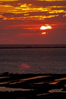 Fantastic sunset on the beach of Cortadura on Cadiz, Spain