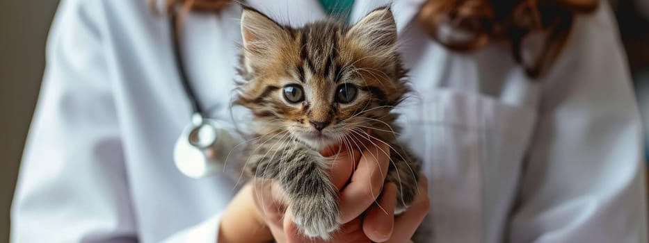 The veterinarian holds a small kitten in his hands. selective focus. Animals. Generative AI,