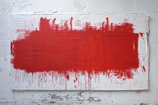 A bold red rectangular brushstroke dominates a white wall, offering a dramatic background with space for personalized text, ideal for impactful advertising or artistic messages. Generative AI