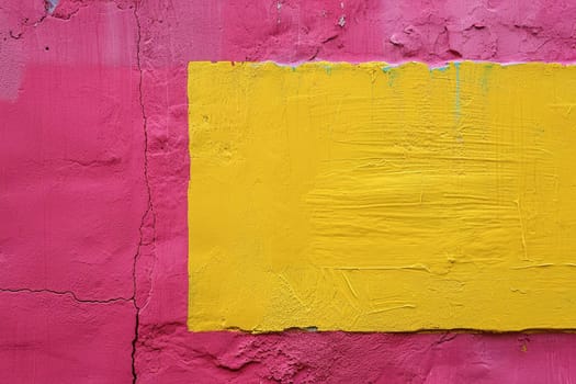 A textured pink wall featuring a contrasting yellow rectangular paint stroke, perfect for adding custom text or messages, ideal for striking design projects and art backgrounds. Generative AI