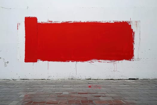 A bold red rectangular brushstroke dominates a white wall, offering a dramatic background with space for personalized text, ideal for impactful advertising or artistic messages. Generative AI